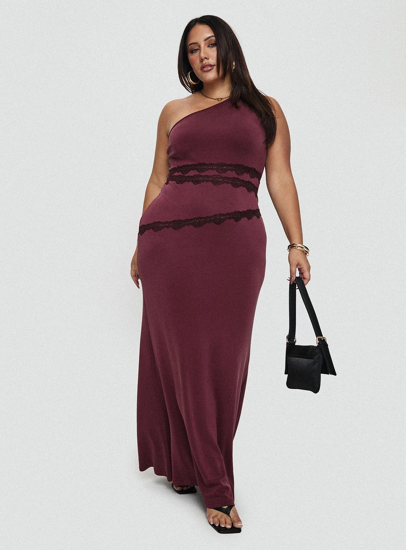Ultraviolet One Shoulder Lace Maxi Dress Wine Curve - Image 8