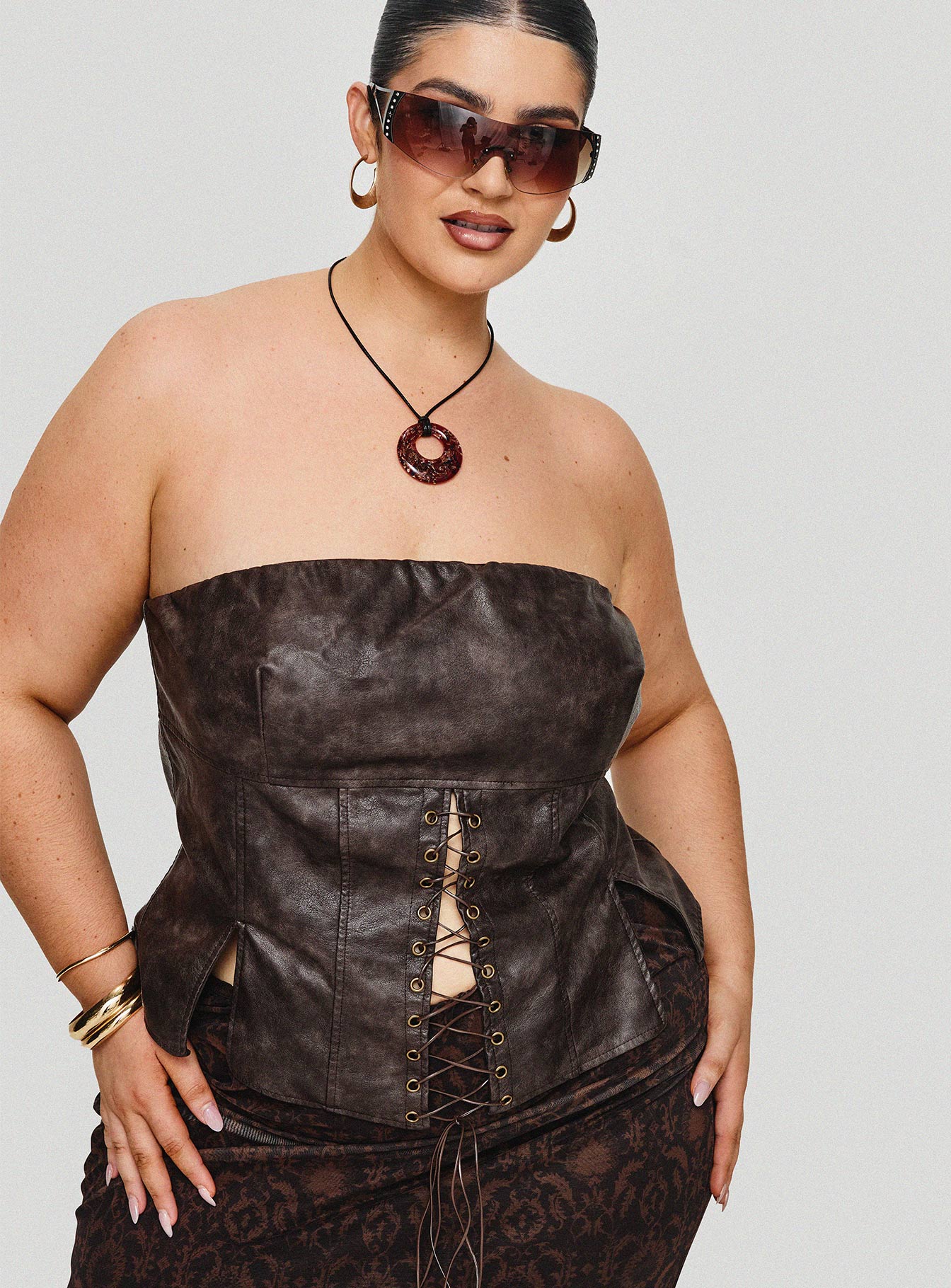 Afraid Strapless Faux Leather Top Brown Curve - Image 9