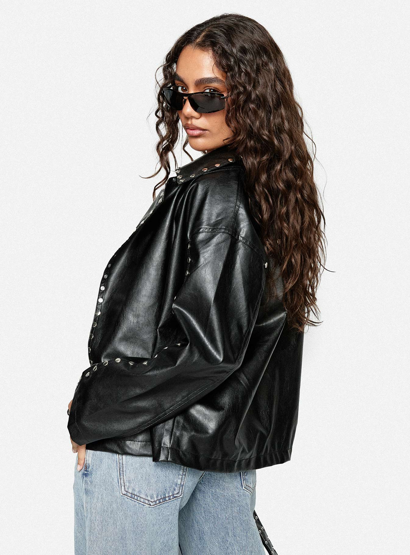 Kaeden Faux Leather Stud Detail Biker Jacket Black - Image 9