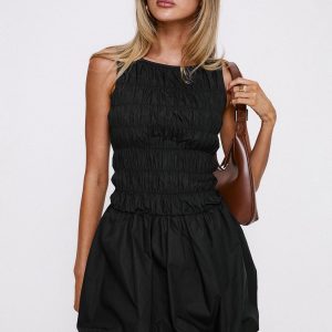 Demure Shirred Bubble Hem Mini Dress Black