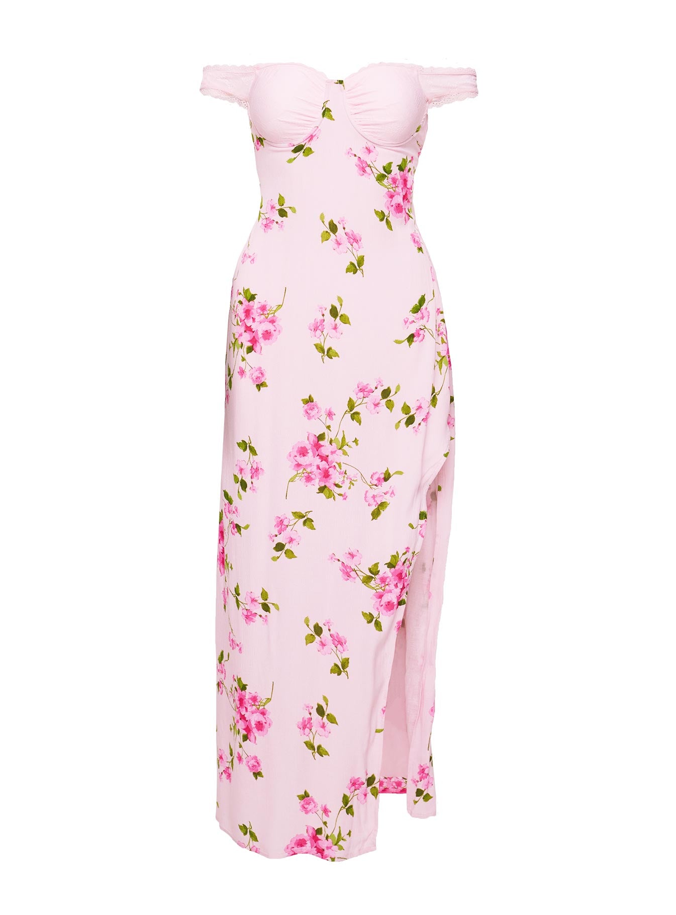 Emmeline Off The Shoulder Maxi Dress Pink Floral Curve - Image 5