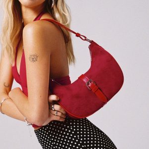 Jaxton Buckle Faux Suede Shoulder Bag Red