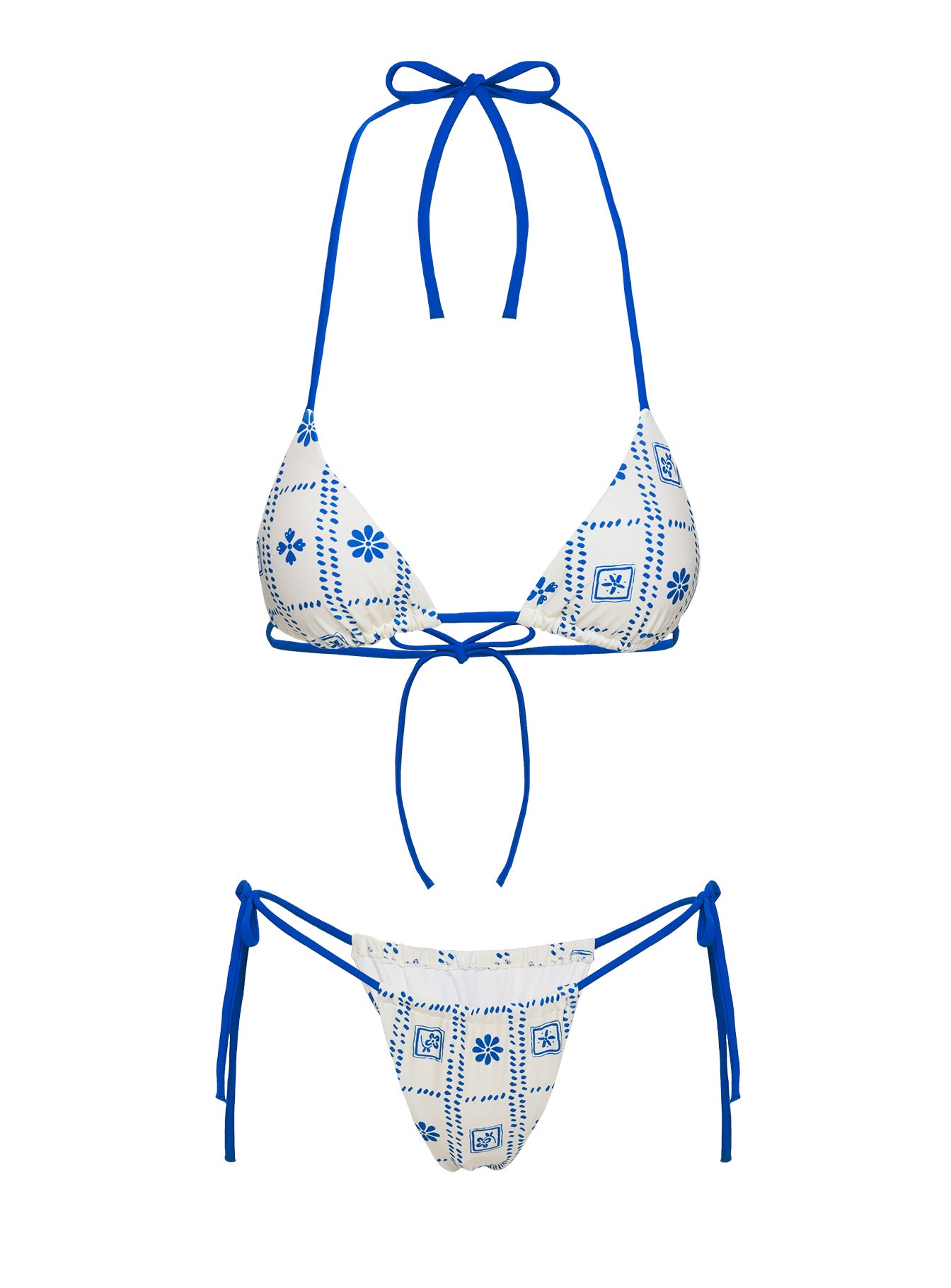 Jenner Tie Side Ruched Bikini Bottom White / Blue Floral - Image 5