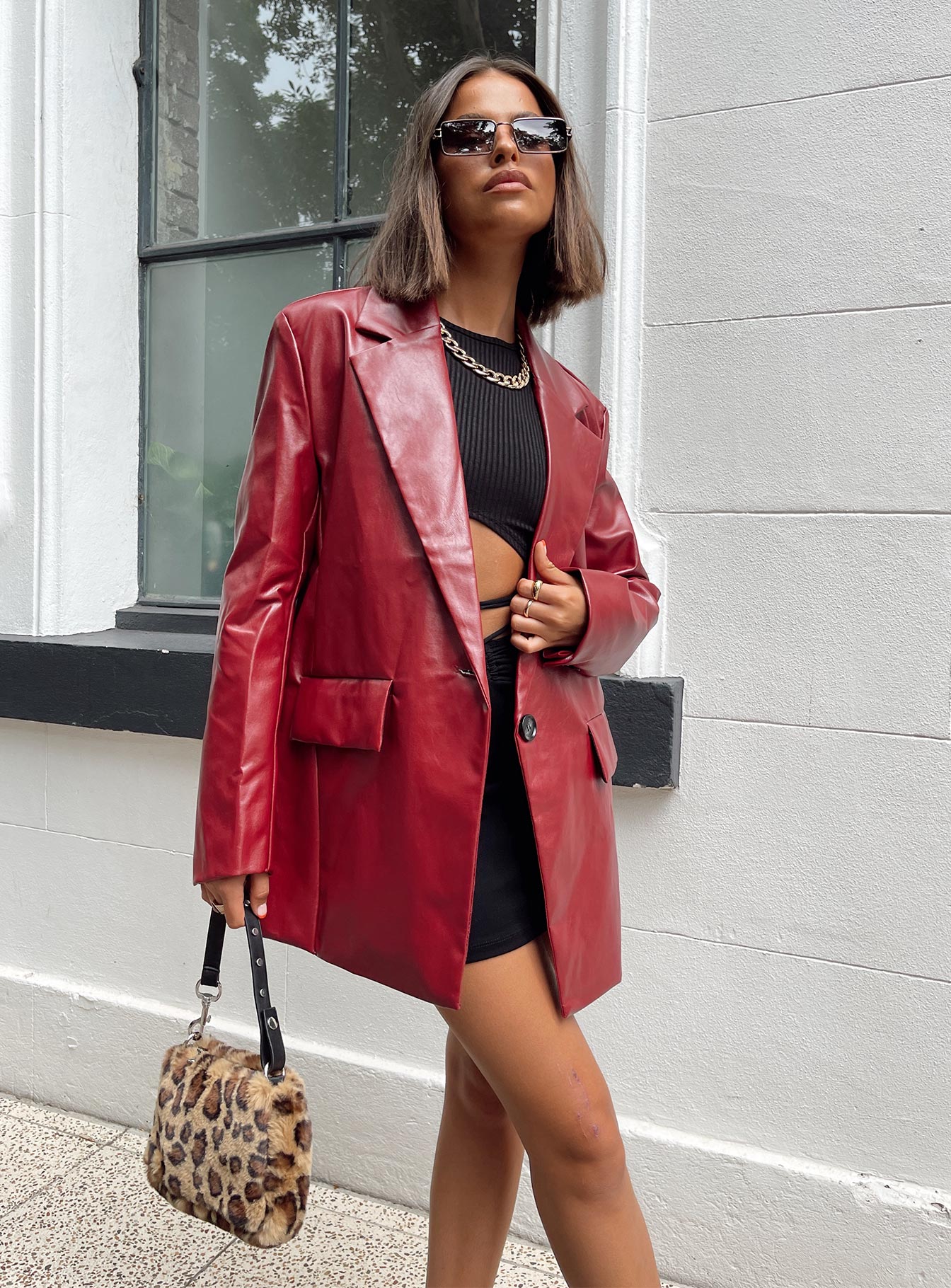 Jocelyn Faux Leather Blazer Burgundy - Image 2