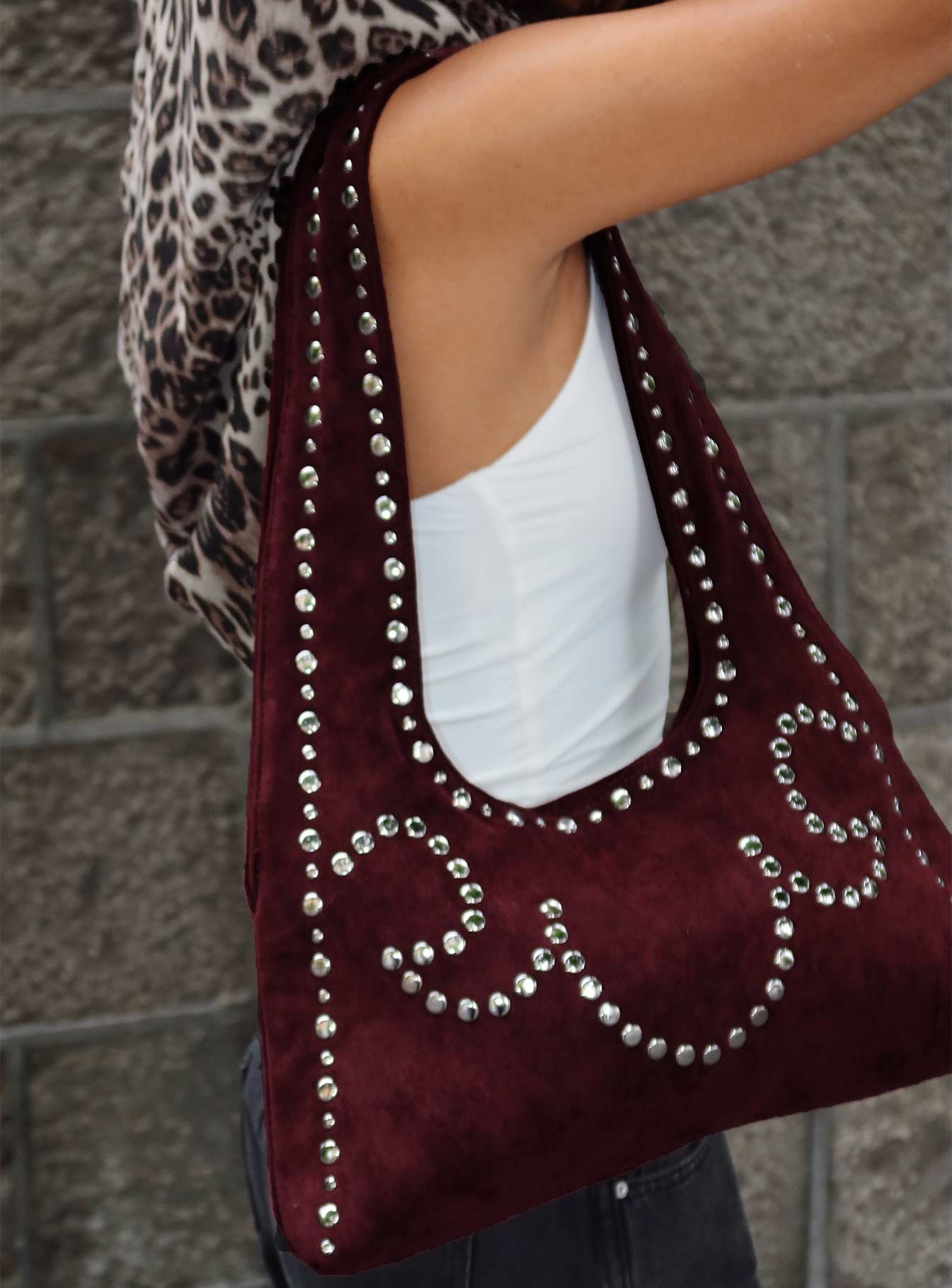 Lemoni Faux Suede Stud Bag Burgundy - Image 8