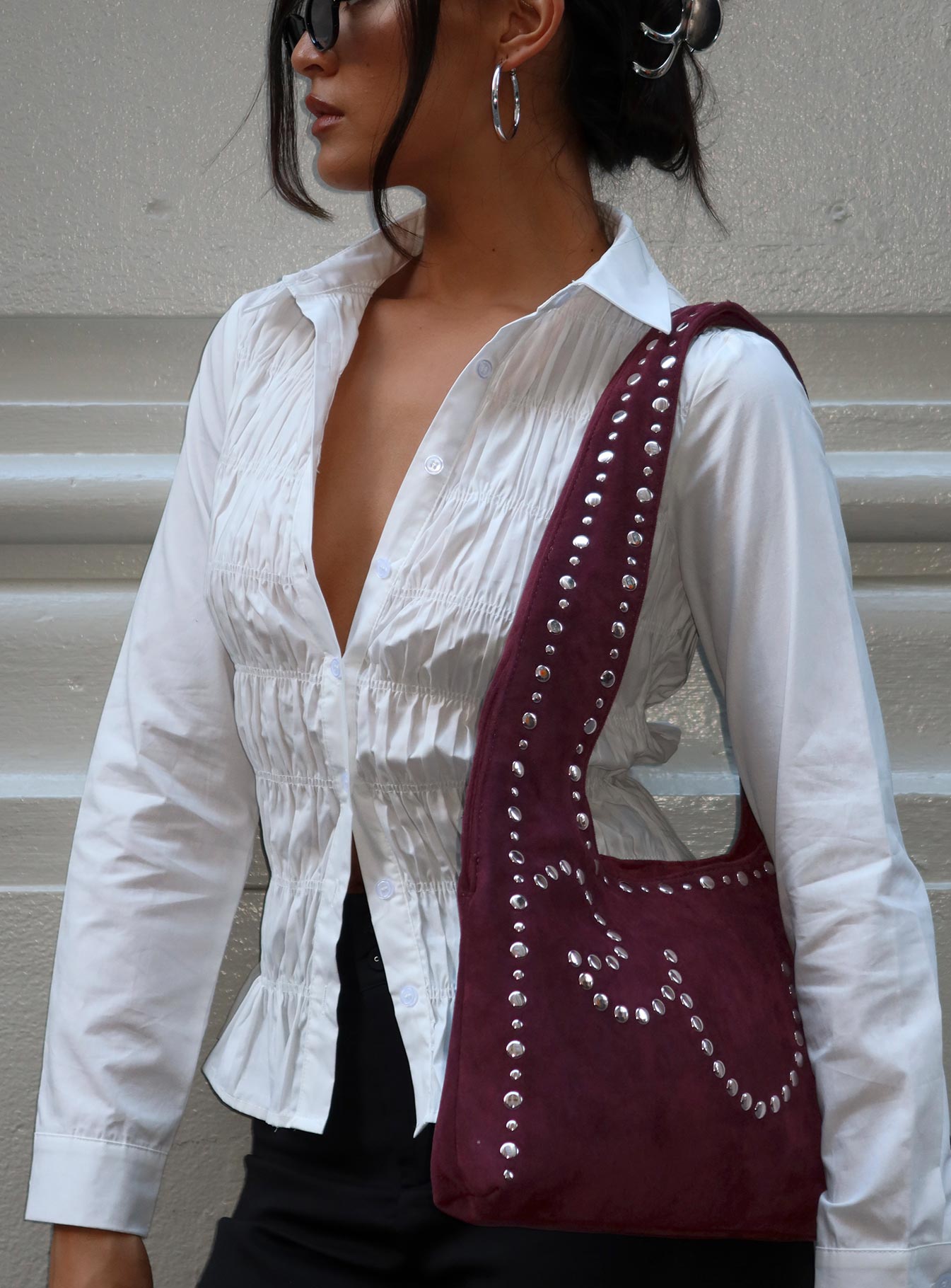 Lemoni Faux Suede Stud Bag Burgundy - Image 7