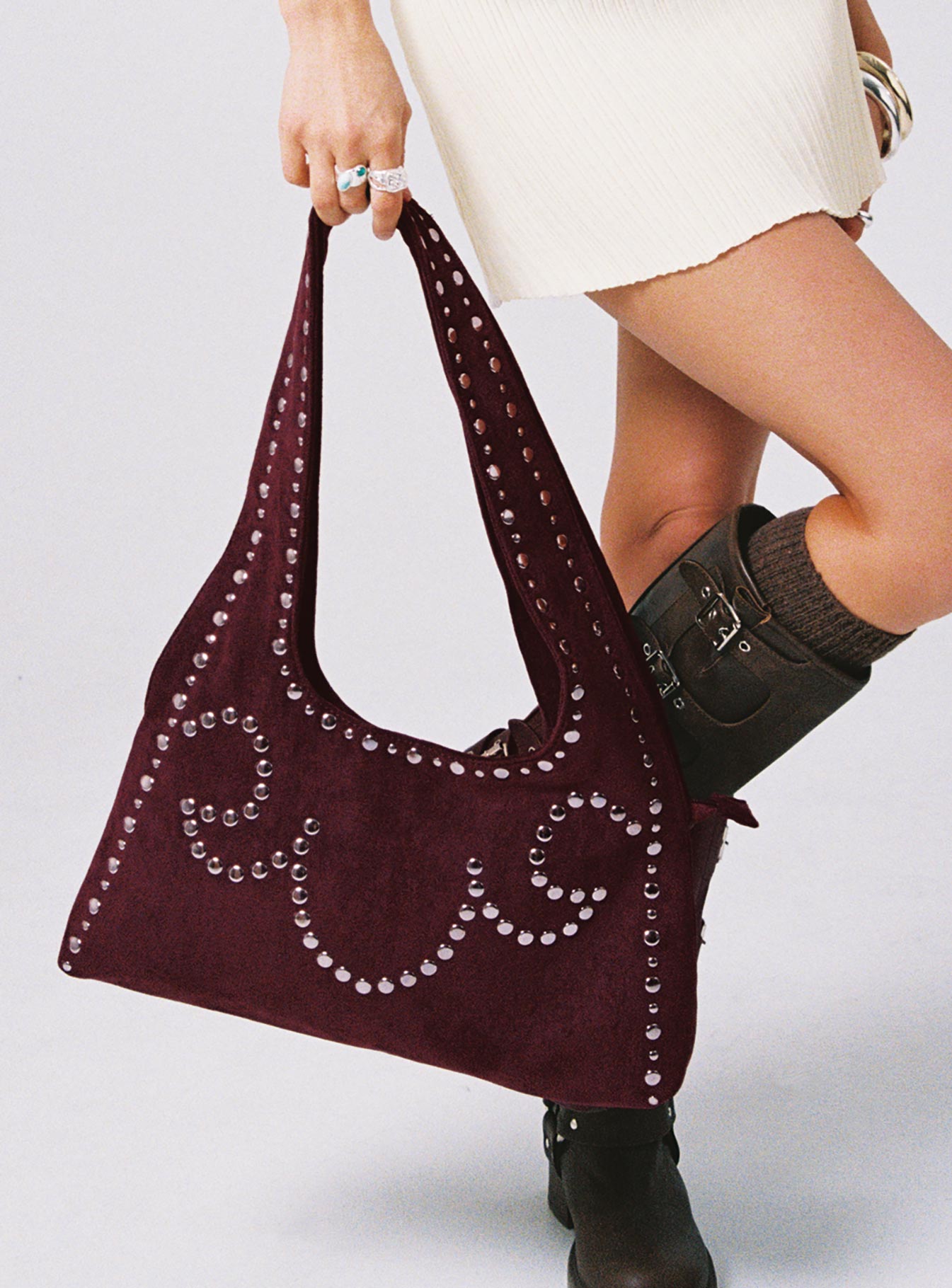 Lemoni Faux Suede Stud Bag Burgundy - Image 6