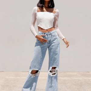 Maple Flare Jeans Knee Rips Light Wash Denim