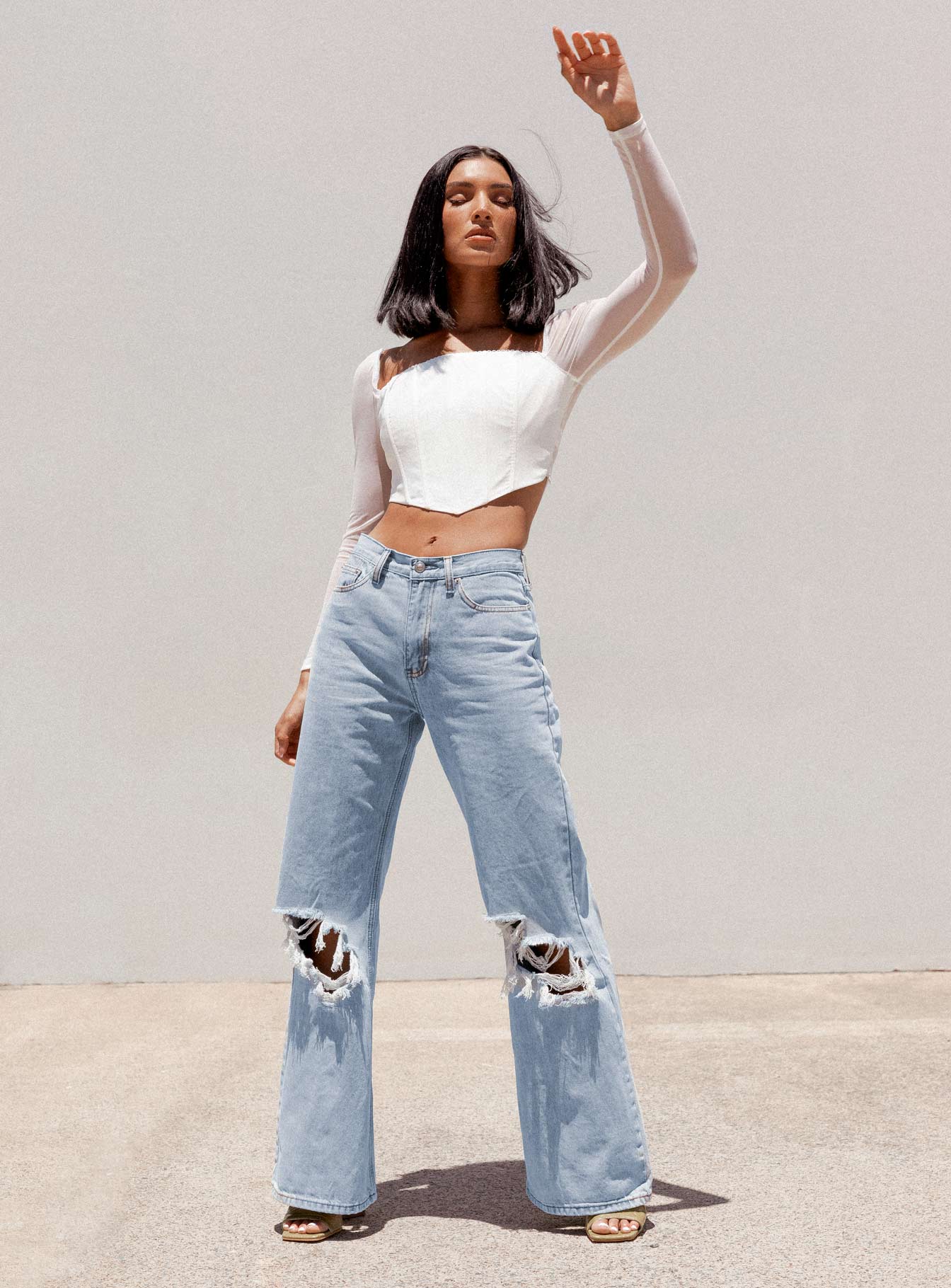 Maple Flare Jeans Knee Rips Light Wash Denim - Image 7