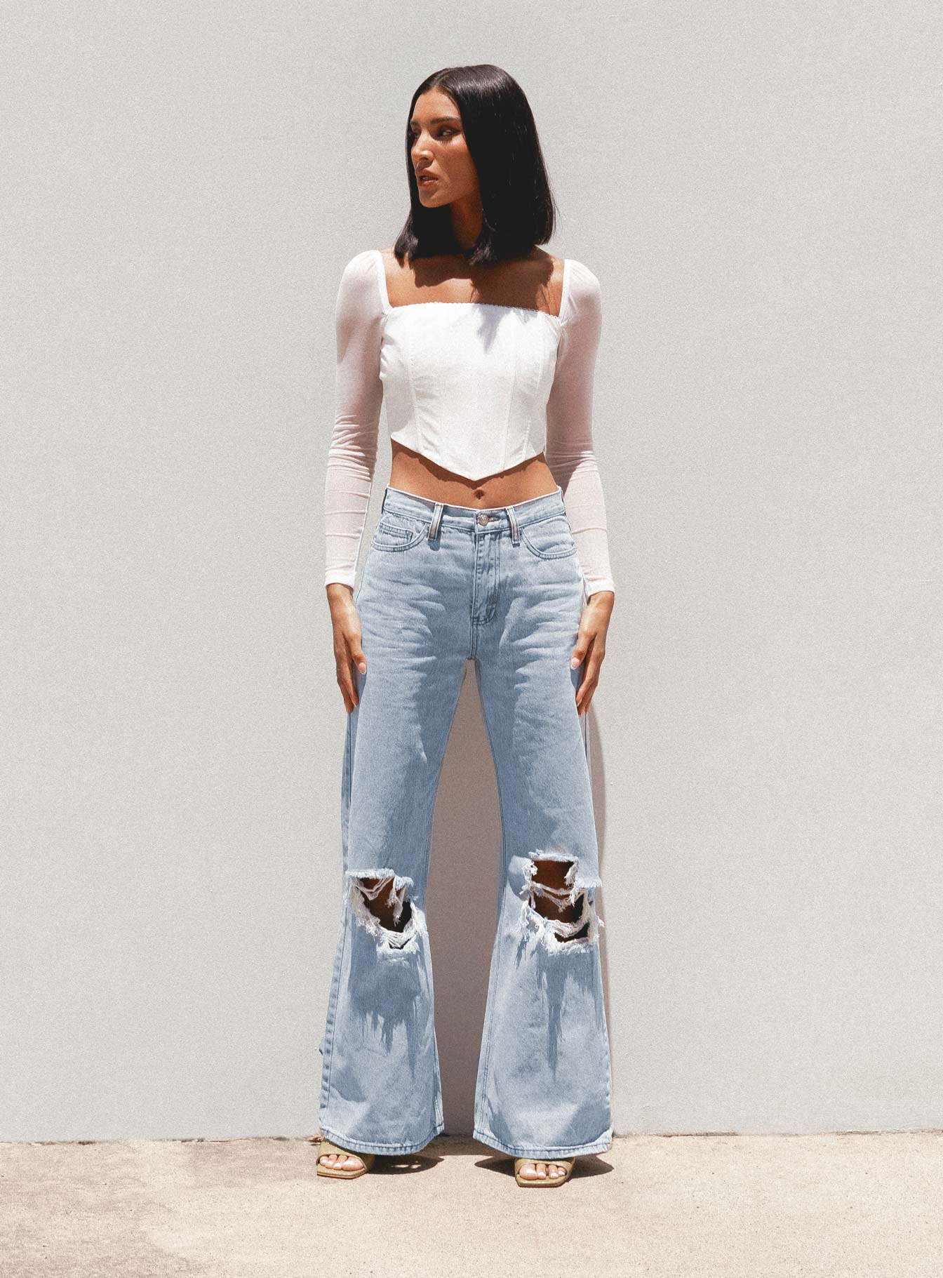 Maple Flare Jeans Knee Rips Light Wash Denim - Image 8