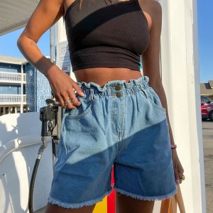 Open Road Denim Paper Bag Shorts Pale Blue