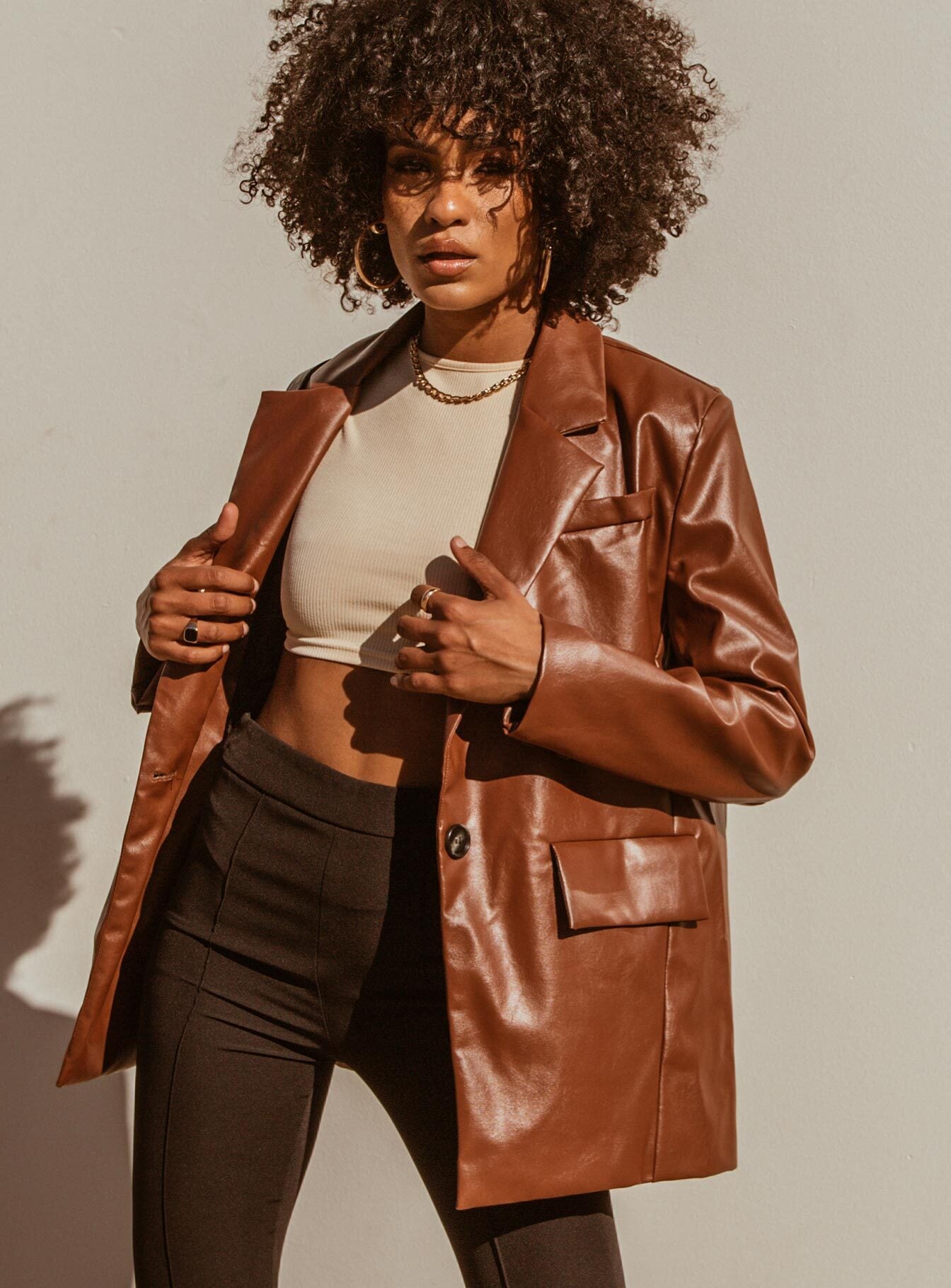 Jocelyn Faux Leather Blazer Brown - Image 5