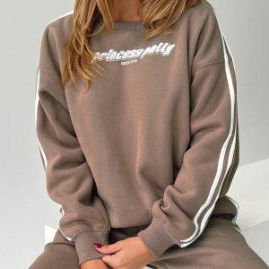 Princess Polly Crew Neck Sweatshirt Stripe Taupe / White