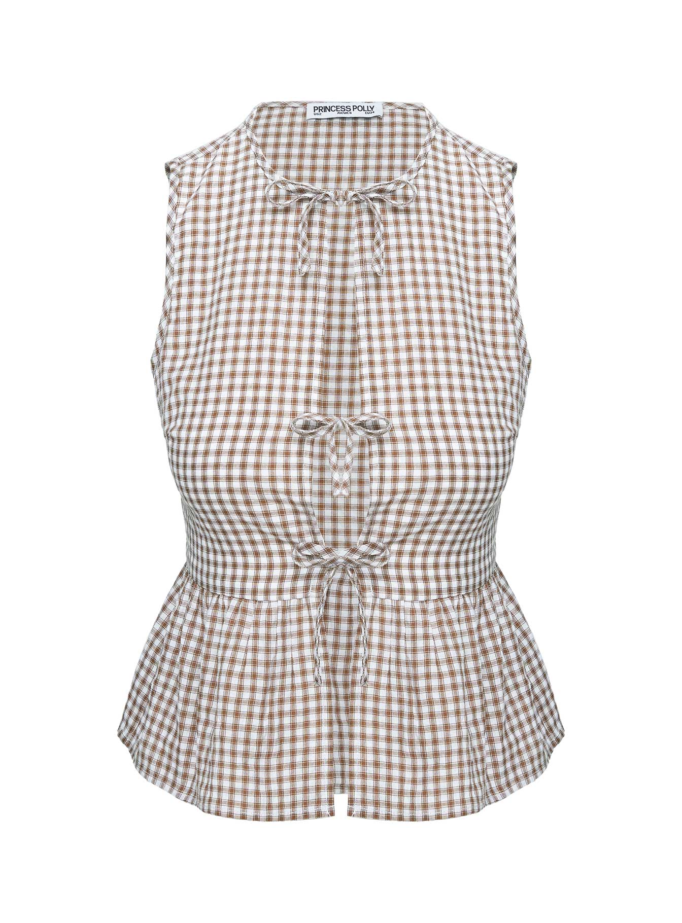 Rosellah Tie Up Top Brown Check - Image 5
