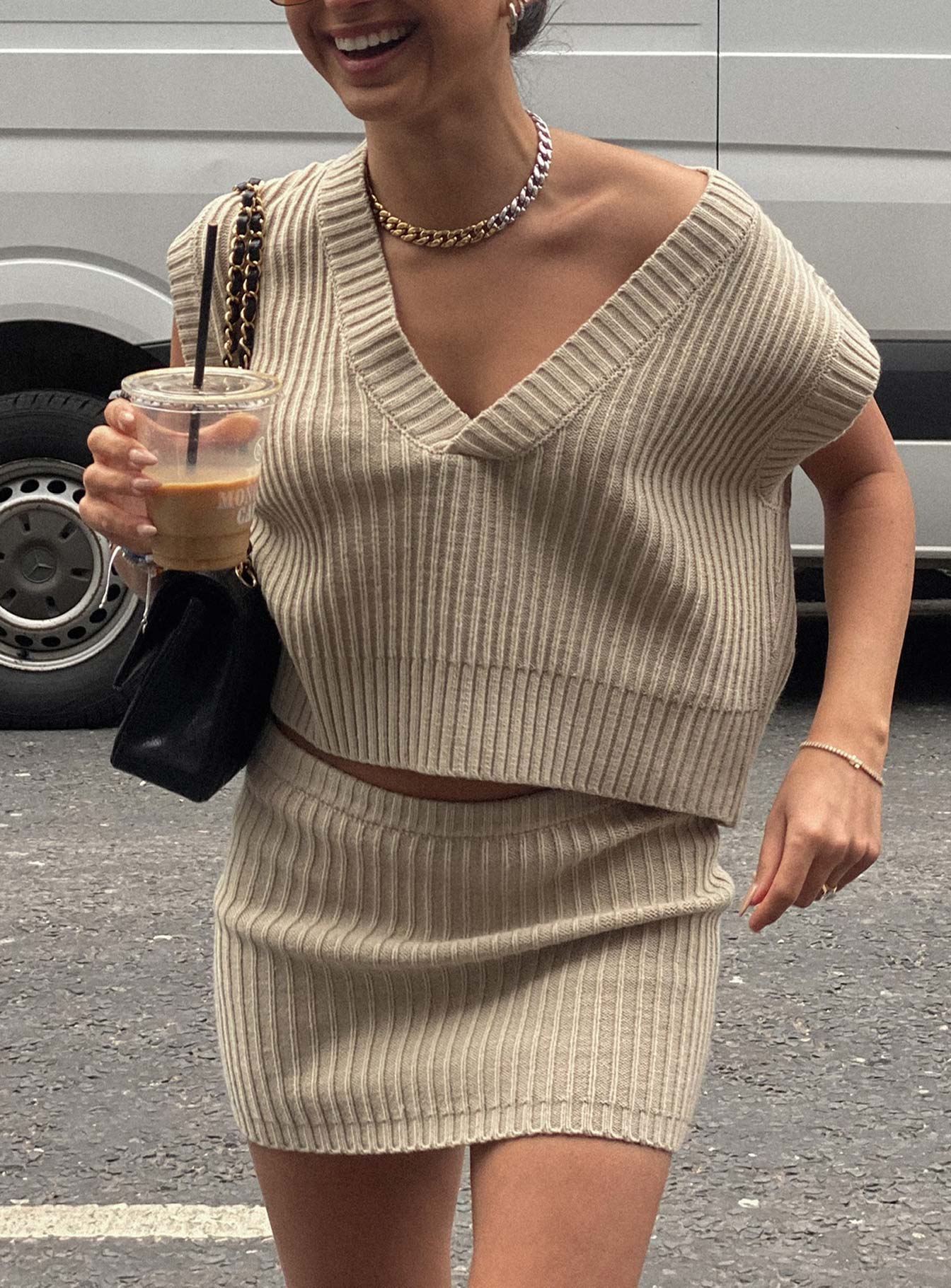 Saddle Knit Mini Skirt Beige - Image 7