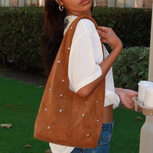 Stellah Studded Faux Suede Bag Brown