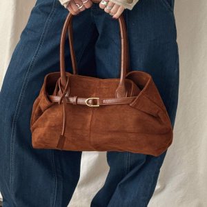 Yearning Faux Suede Buckle Detail Shoulder Bag Brown