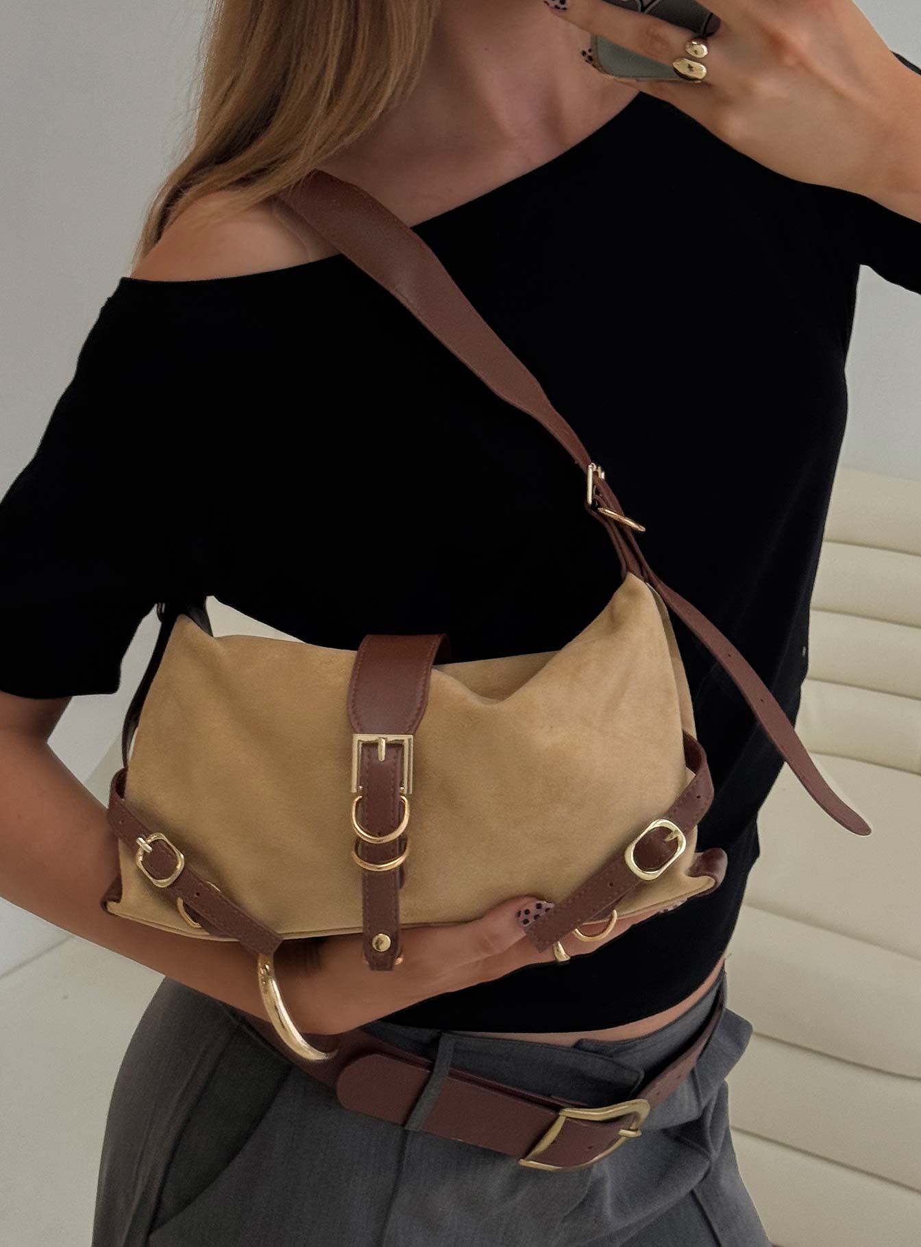 Anatolius Faux Suede Shoulder Bag Brown