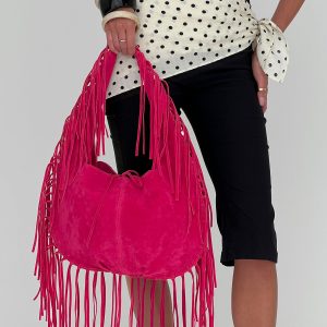 Currents Faux Suede Tassel Shoulder Bag Pink