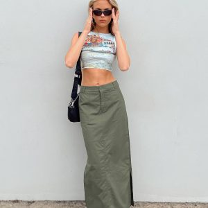 Devine Cargo Maxi Skirt Khaki