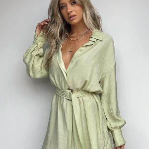 Bilari Textured Fabric Shirt Dress Green