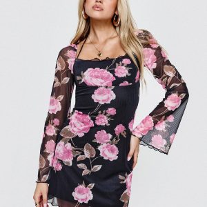 Bilbao Long Sleeve Mini Dress Black / Floral