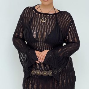 Cylian Long Sleeve Knit Mini Dress Black Curve