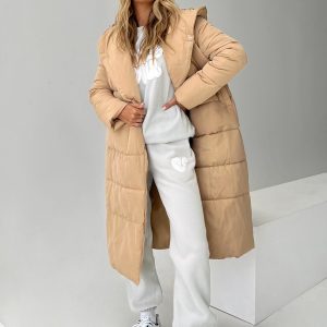Philo Longline Hooded Puffer Jacket Beige