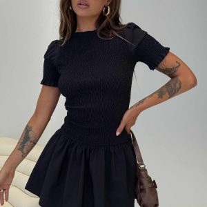 Laurita Shirred Mini Dress Black