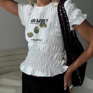 Grazie Mille Shirred Graphic Top White / Green