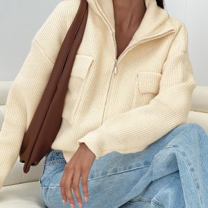 Too Busy Zip Up Sweater Beige