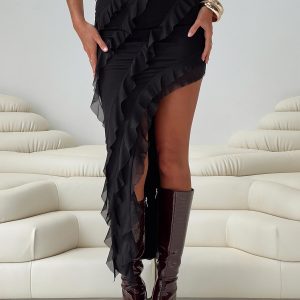 Versaille Ruffle Midi Skirt Black