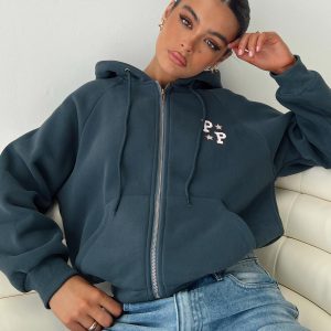 Princess Polly Zip Up Hooded Sweatshirt Navy/Red