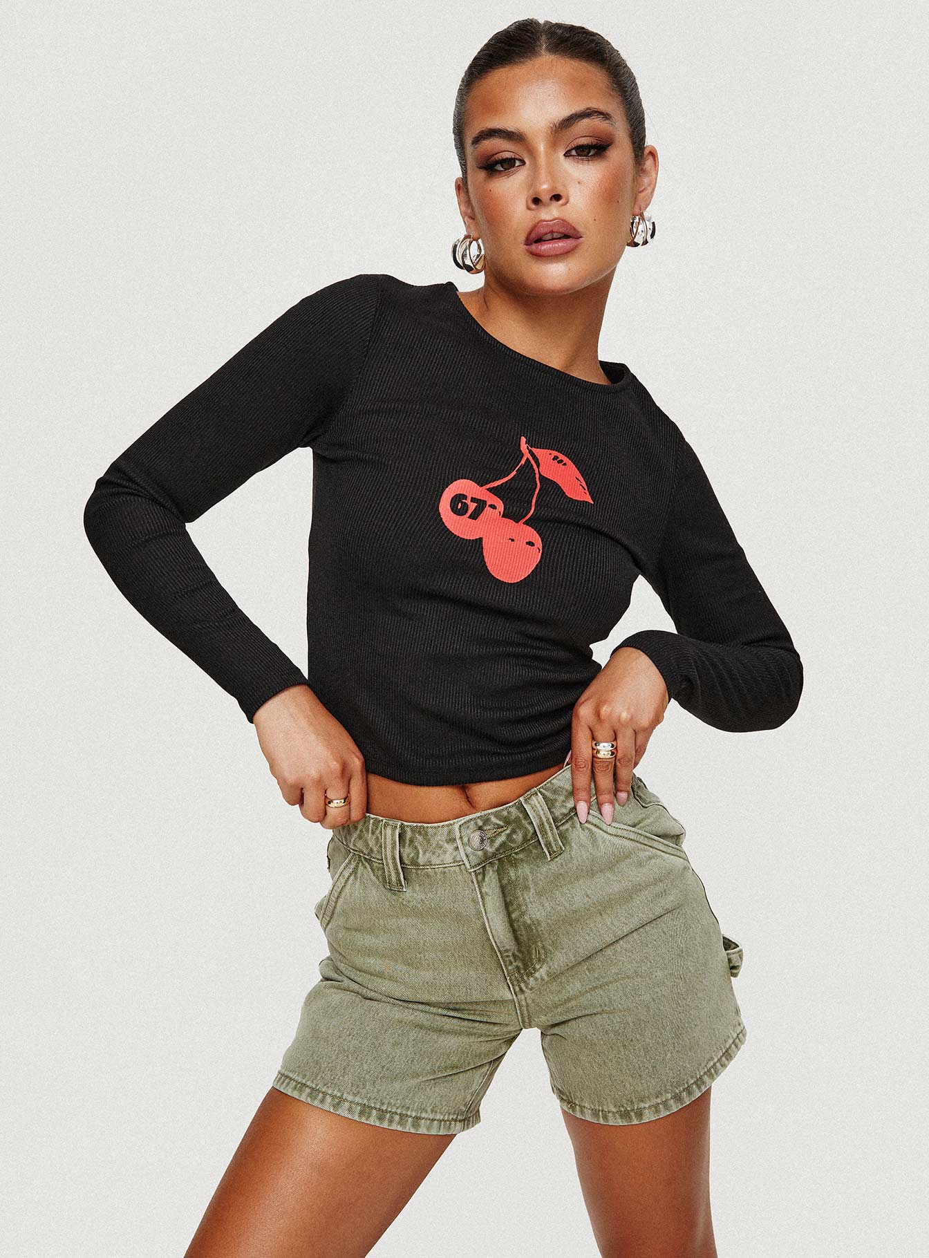 Cherries & Cream Long Sleeve Top Black