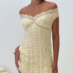 Bonnin Off The Shoulder Lace Mini Dress Yellow