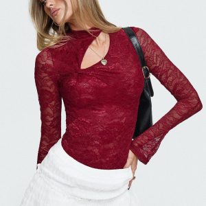 Twisted Humour Long Sleeve Lace Bodysuit Burgundy
