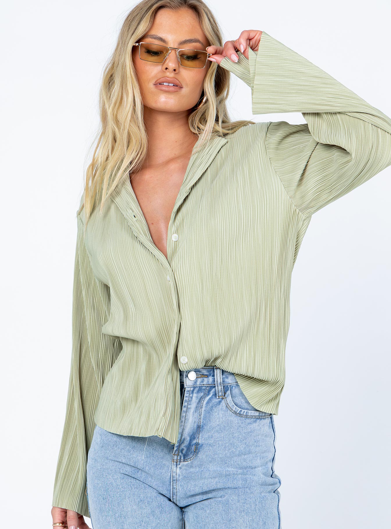 Louie Pleated Shirt Sage - Image 2
