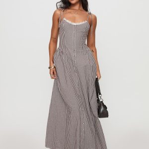 Dalanie Tie Strap Maxi Dress Brown Gingham