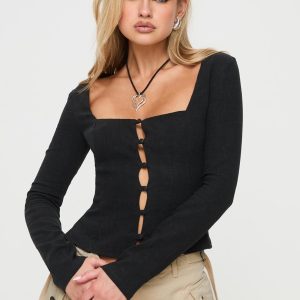 Zenda Linen Blend Long Sleeve Top Black