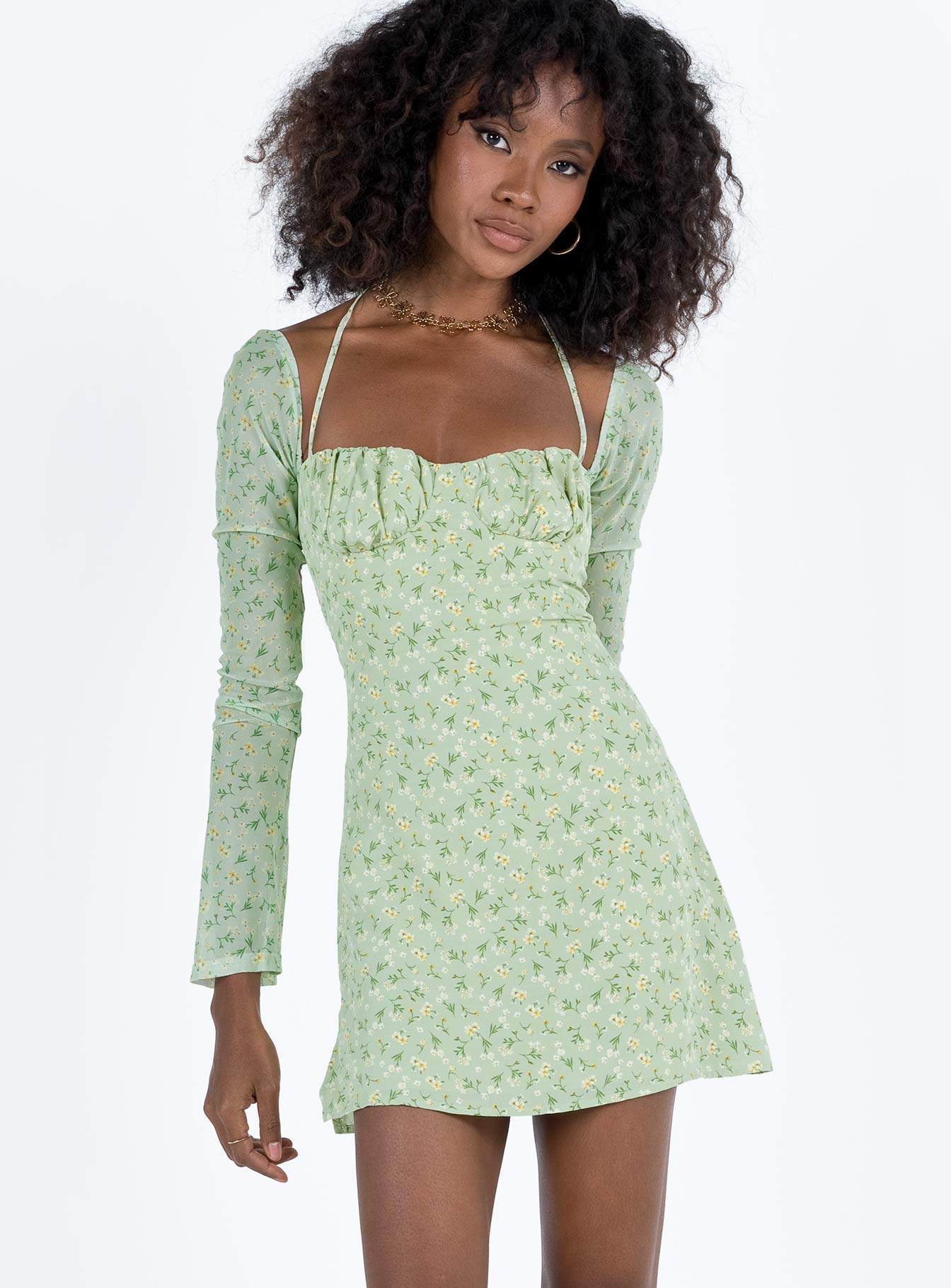 Dyer Sheer Sleeve Mini Dress Green Floral - Image 4