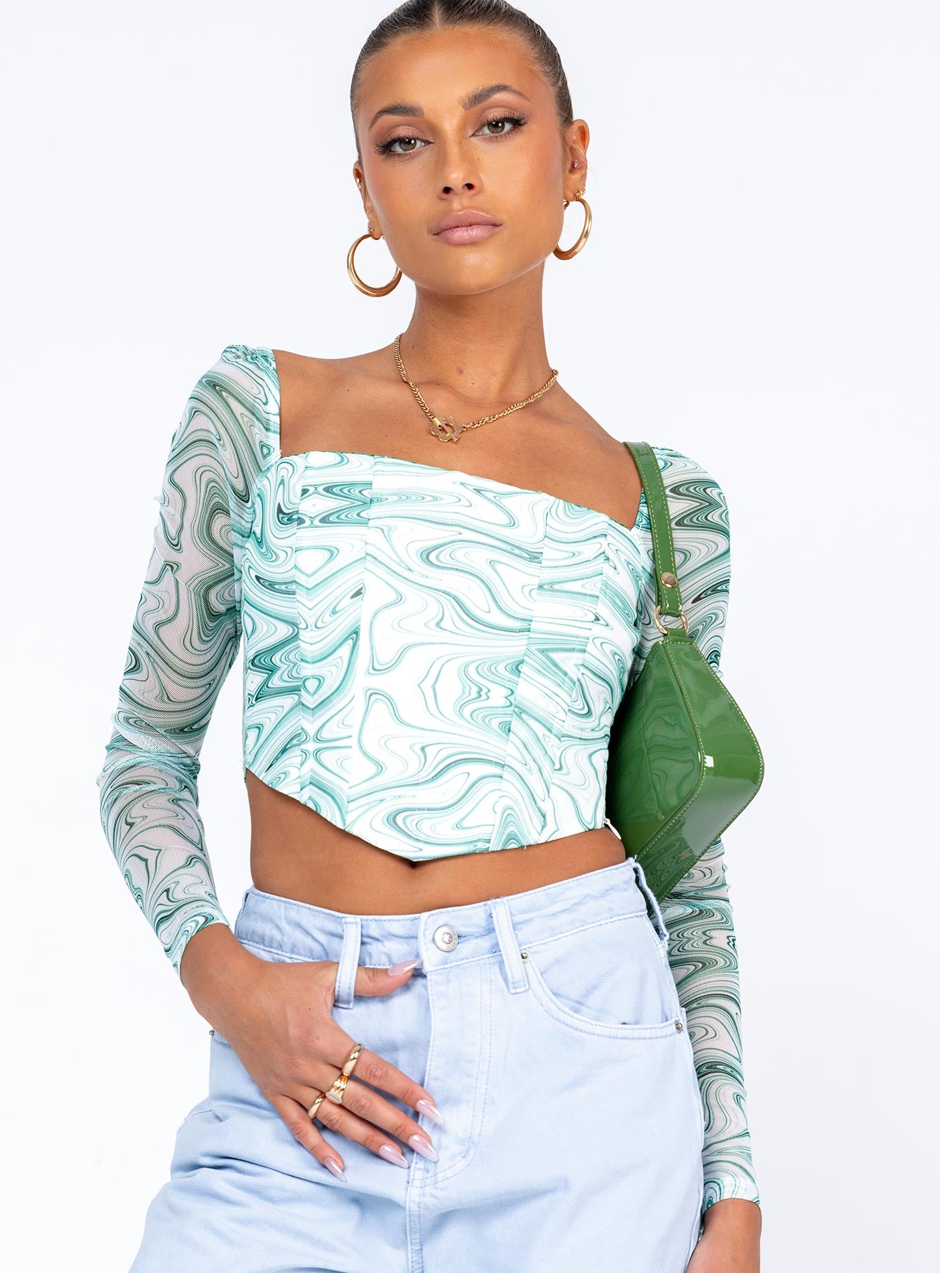 Beverly Long Sleeve Top Green / White - Image 2