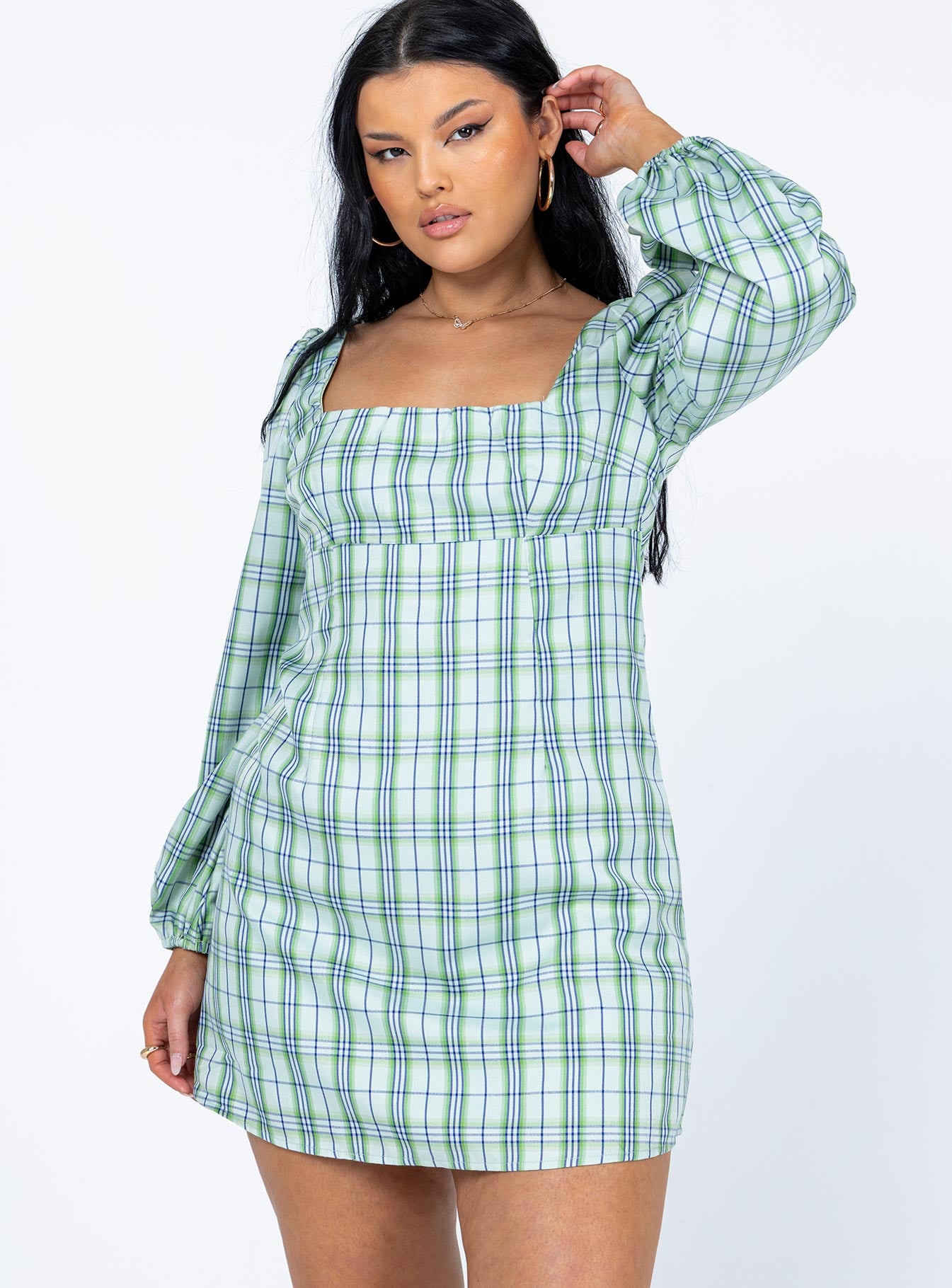 Hastings Long Sleeve Mini Dress Green Check - Image 2