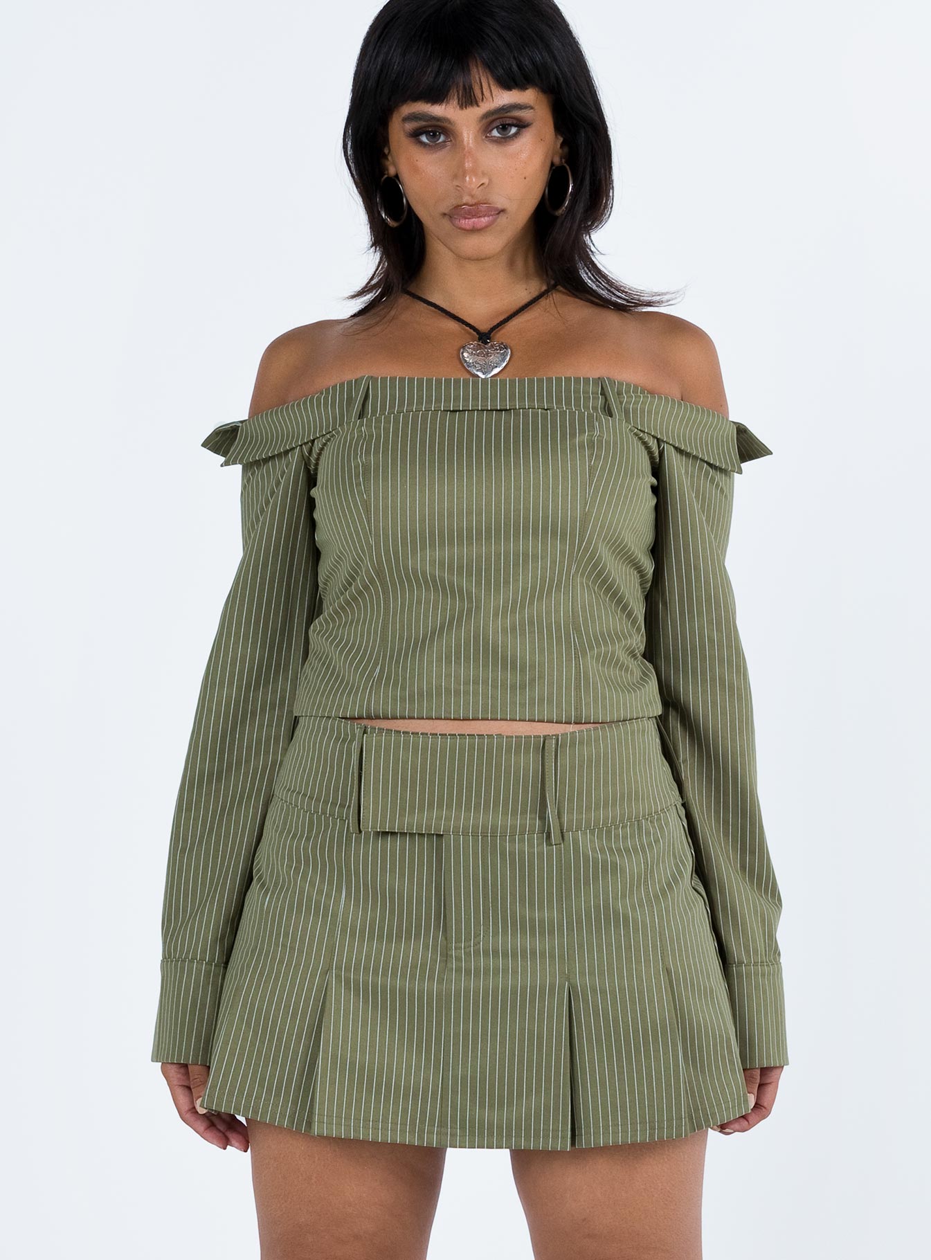 Valentina Cargo Mini Skirt Green Pinstripe - Image 2