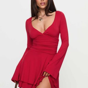 Canino Long Sleeve Mini Dress Red
