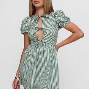 Nurture Bow Mini Dress Green Stripe