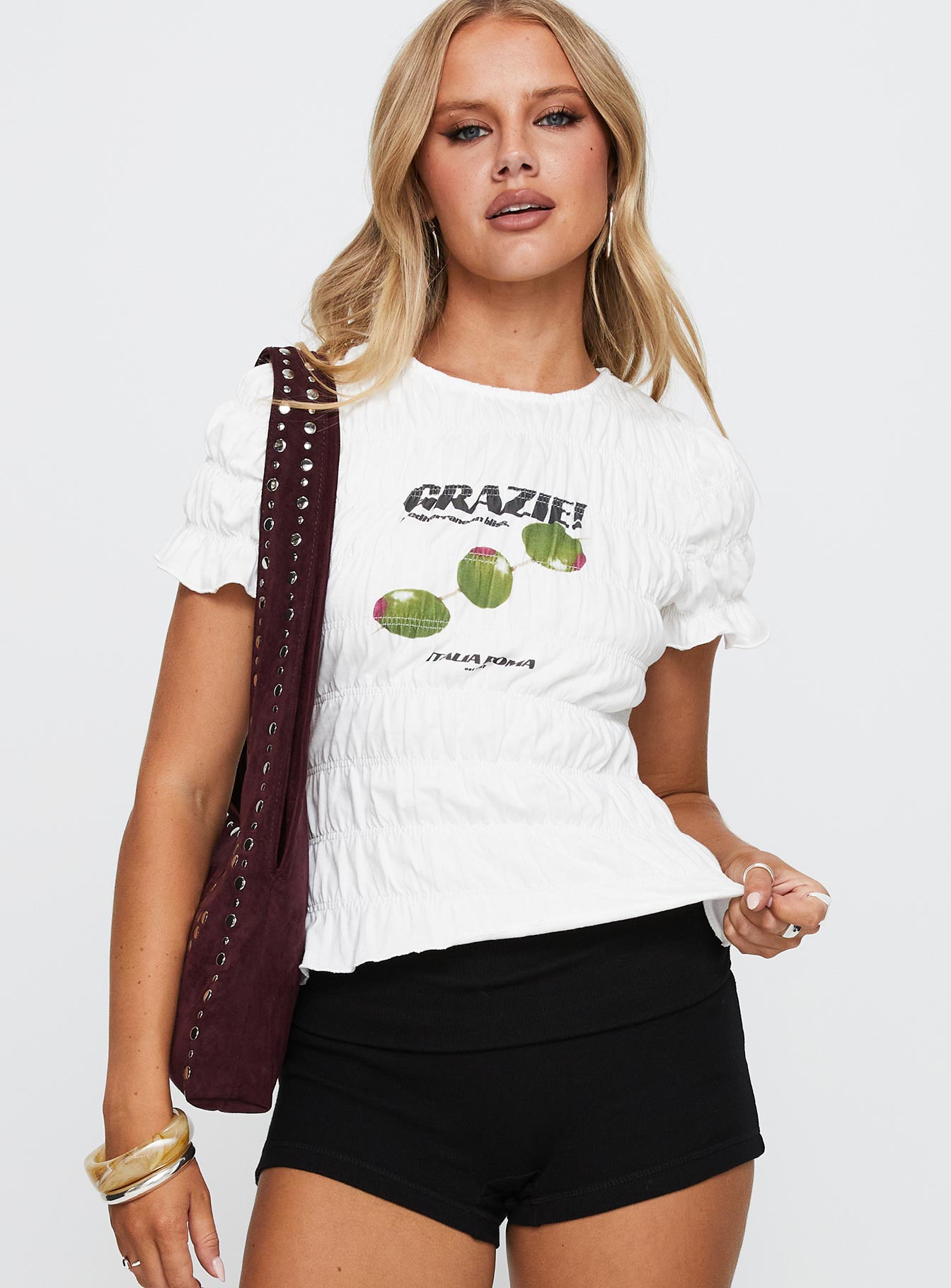 Grazie Mille Shirred Graphic Top White / Green - Image 2