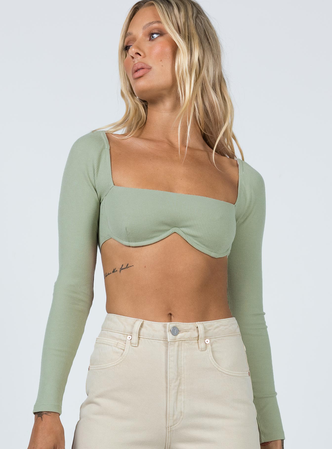 Becca Long Sleeve Crop Top Sage - Image 2
