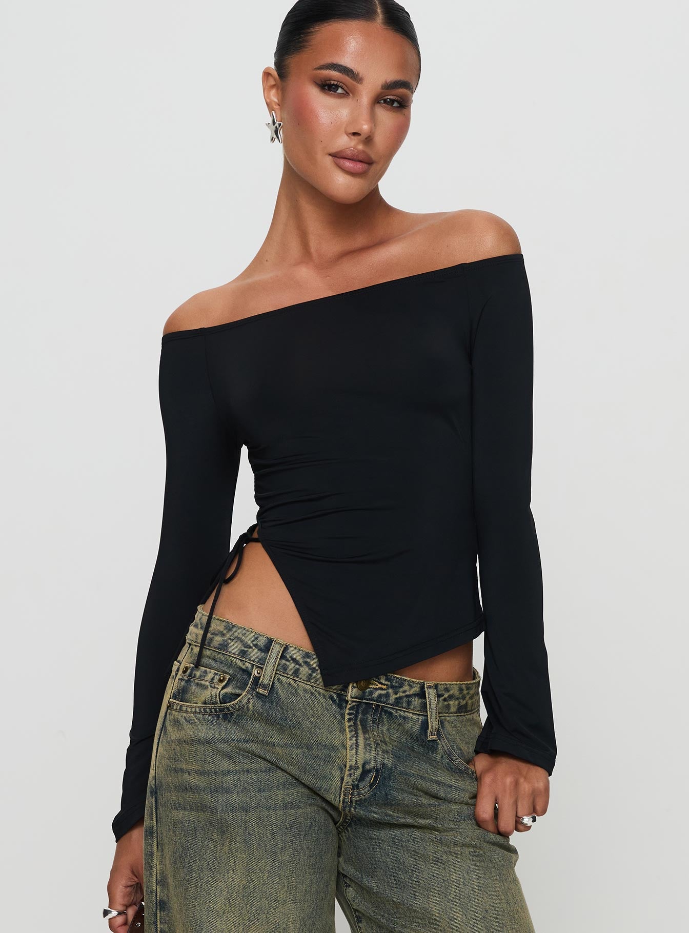 Endellion Off Shoulder Long Sleeve Top Black - Image 2