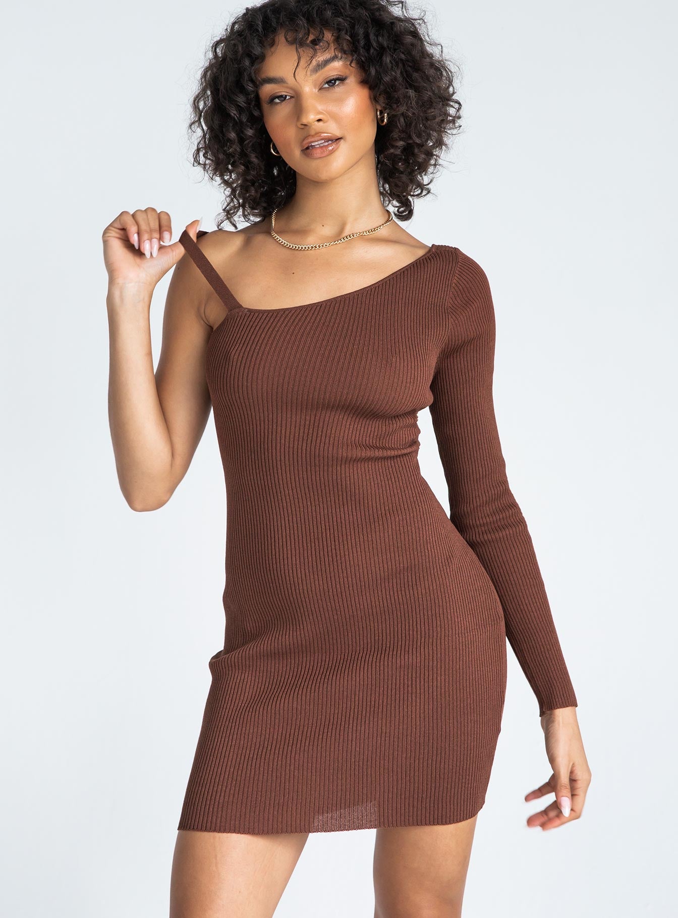 Elijah Asymmetric Mini Dress Brown
