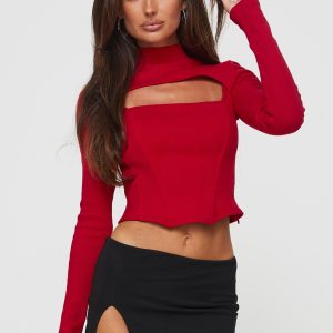 Cathey Long Sleeve Corset Top Red